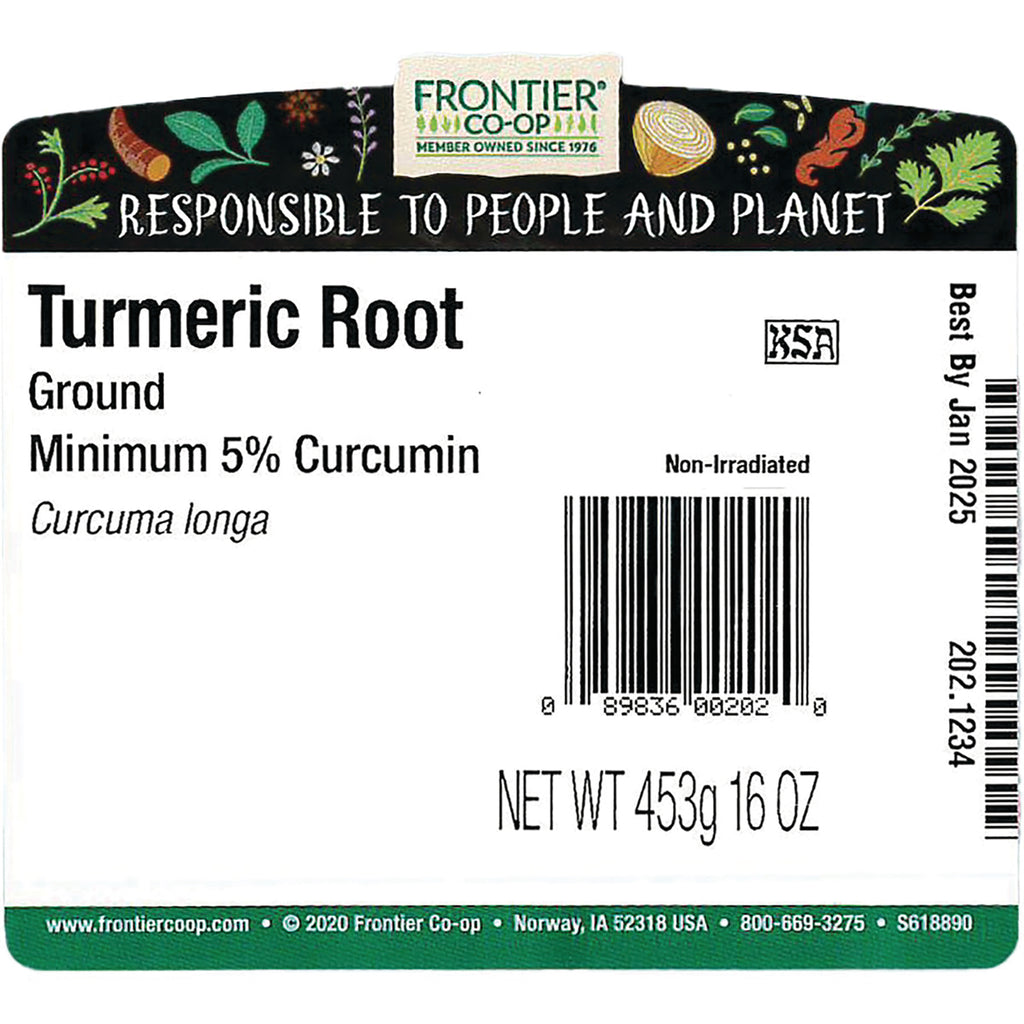 FNP361 | Back label of Frontier Co-op Turmeric Root ground, Minimum 5% Curcumin, barcode and NET WT 453g 16 OZ - Thumbnail