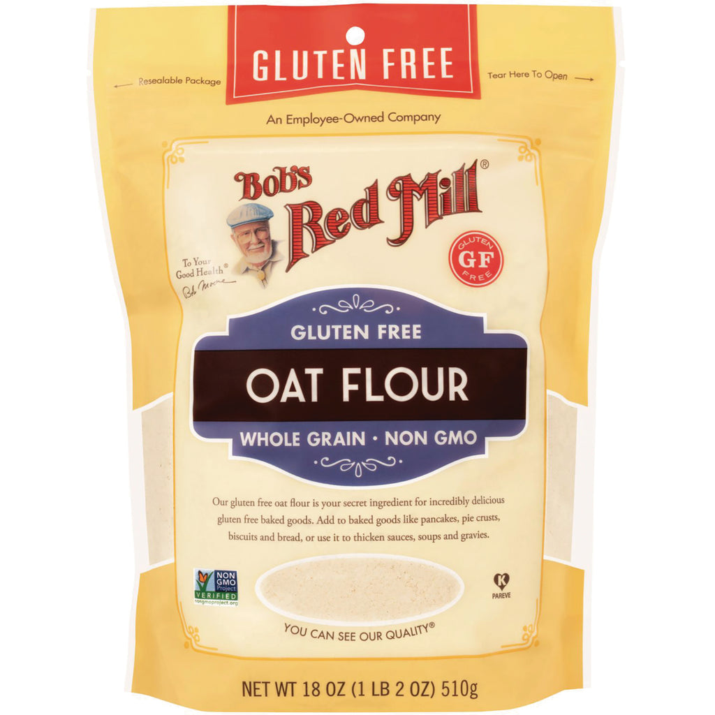 BOB431 | Bob's Red Mill gluten free oat flour pouch, whole grain non GMO front packaging showing net wt 18 oz - Thumbnail