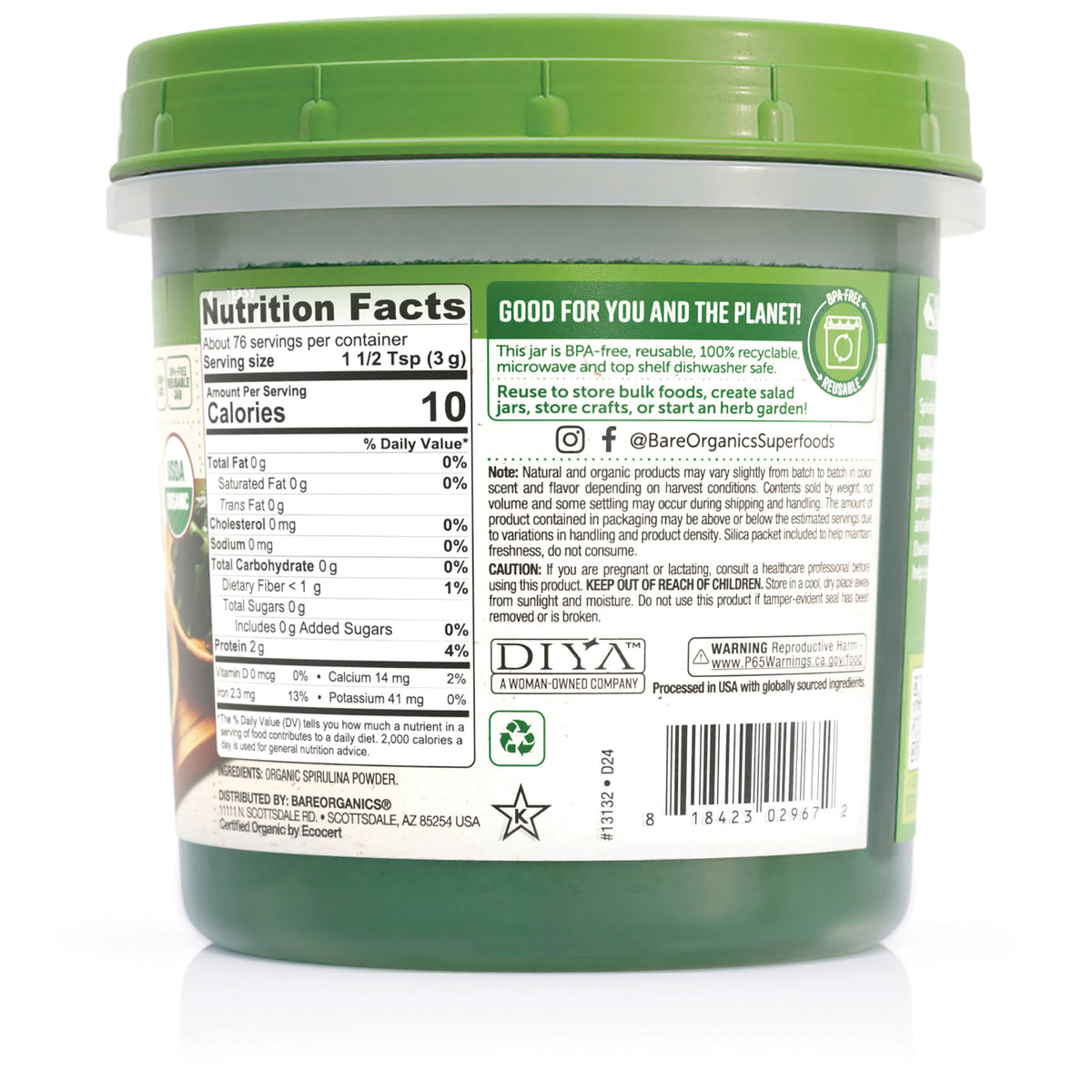 BOR007 | Back of green jar showing Nutrition Facts panel, barcode, recycling symbol and product information label