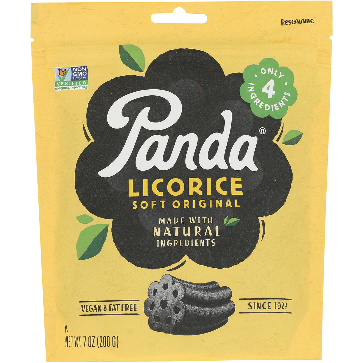 PND001 | Panda Licorice Soft Original yellow resealable pouch front showing brand name, licorice pieces and text made with natural ingredients