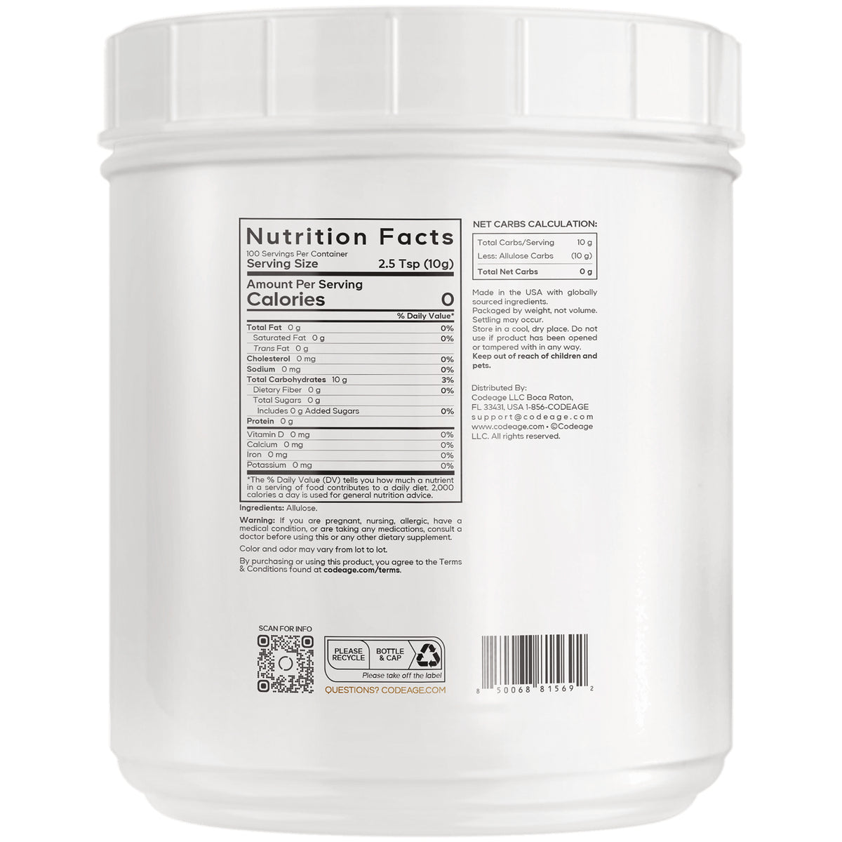CDG070 | Nutrition Facts label on back of white supplement tub, serving size 2.5 Tsp (10g), net carbs calculation, barcode