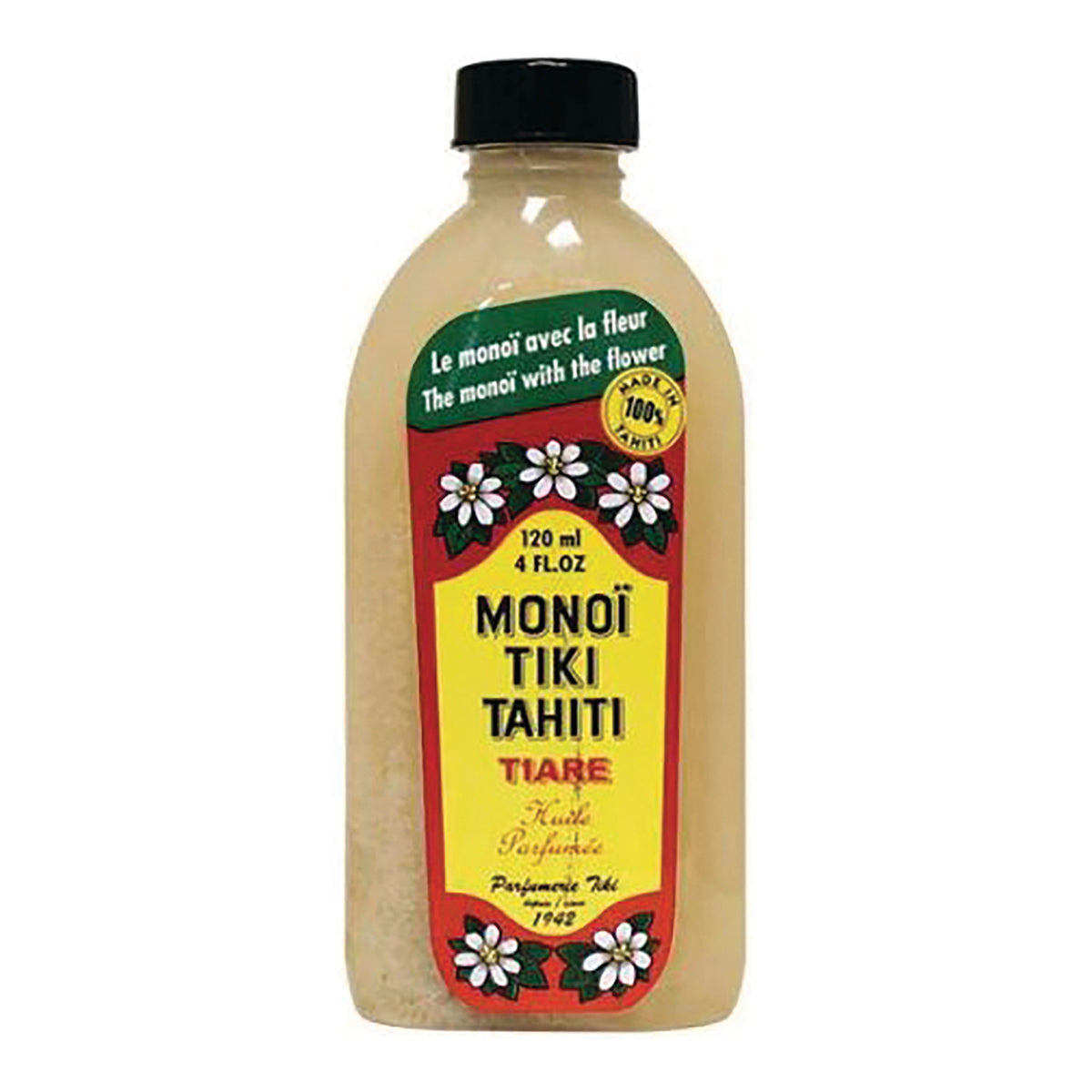 MON001 | Bottle of Monoi Tiki Tahiti Tiare oil 120 ml with yellow label and black cap