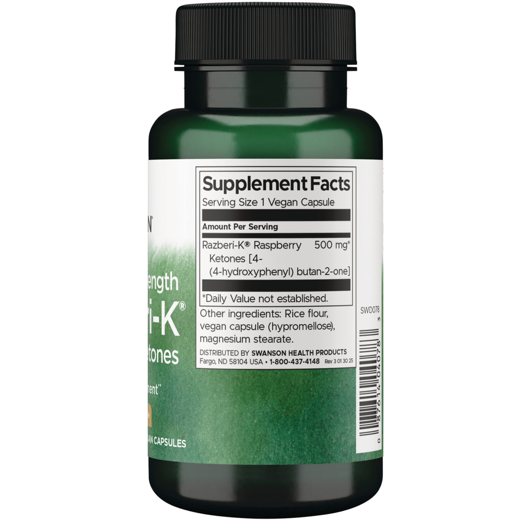 SWD078 | Back label with Supplement Facts showing Razberi-K Raspberry Ketones 500 mg and other ingredients - Thumbnail