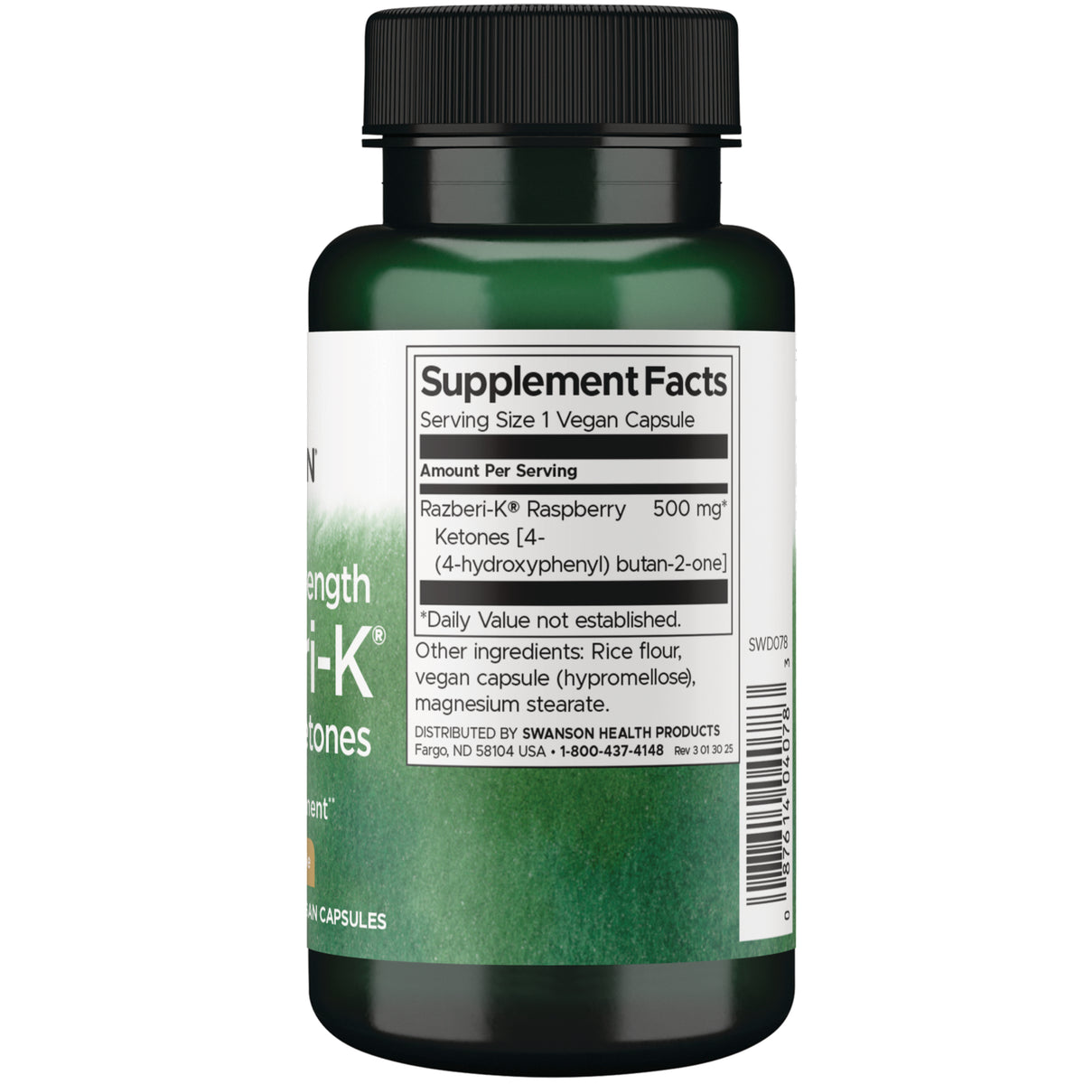 SWD078 | Back label with Supplement Facts showing Razberi-K Raspberry Ketones 500 mg and other ingredients