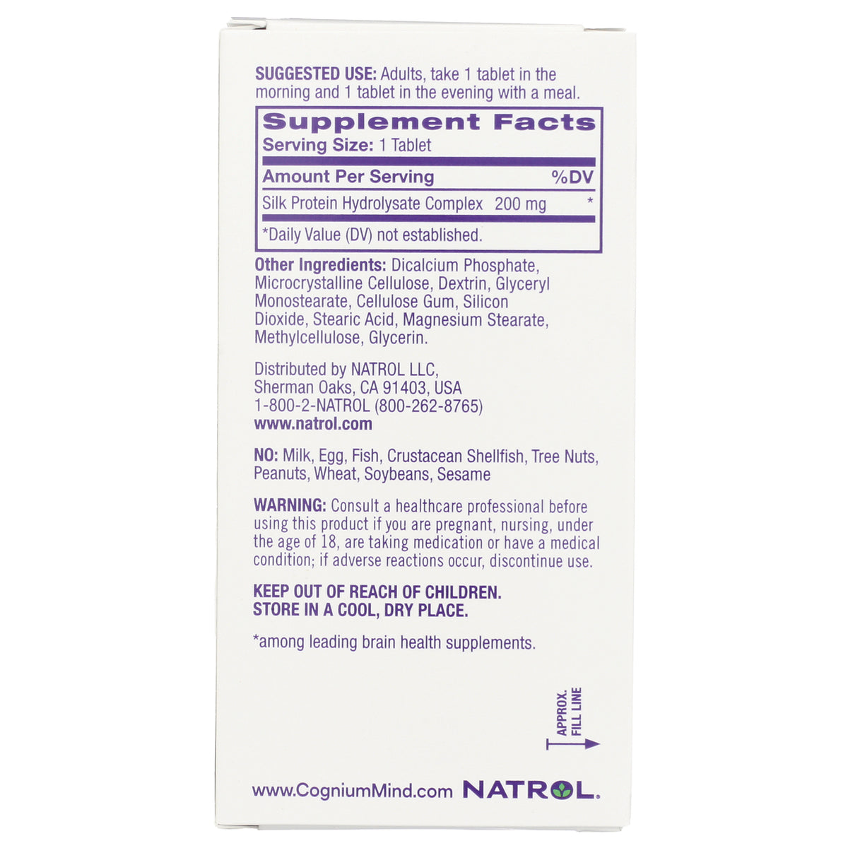 NA614 | Back panel showing Supplement Facts with Silk Protein Hydrolysate Complex 200 mg and other ingredients