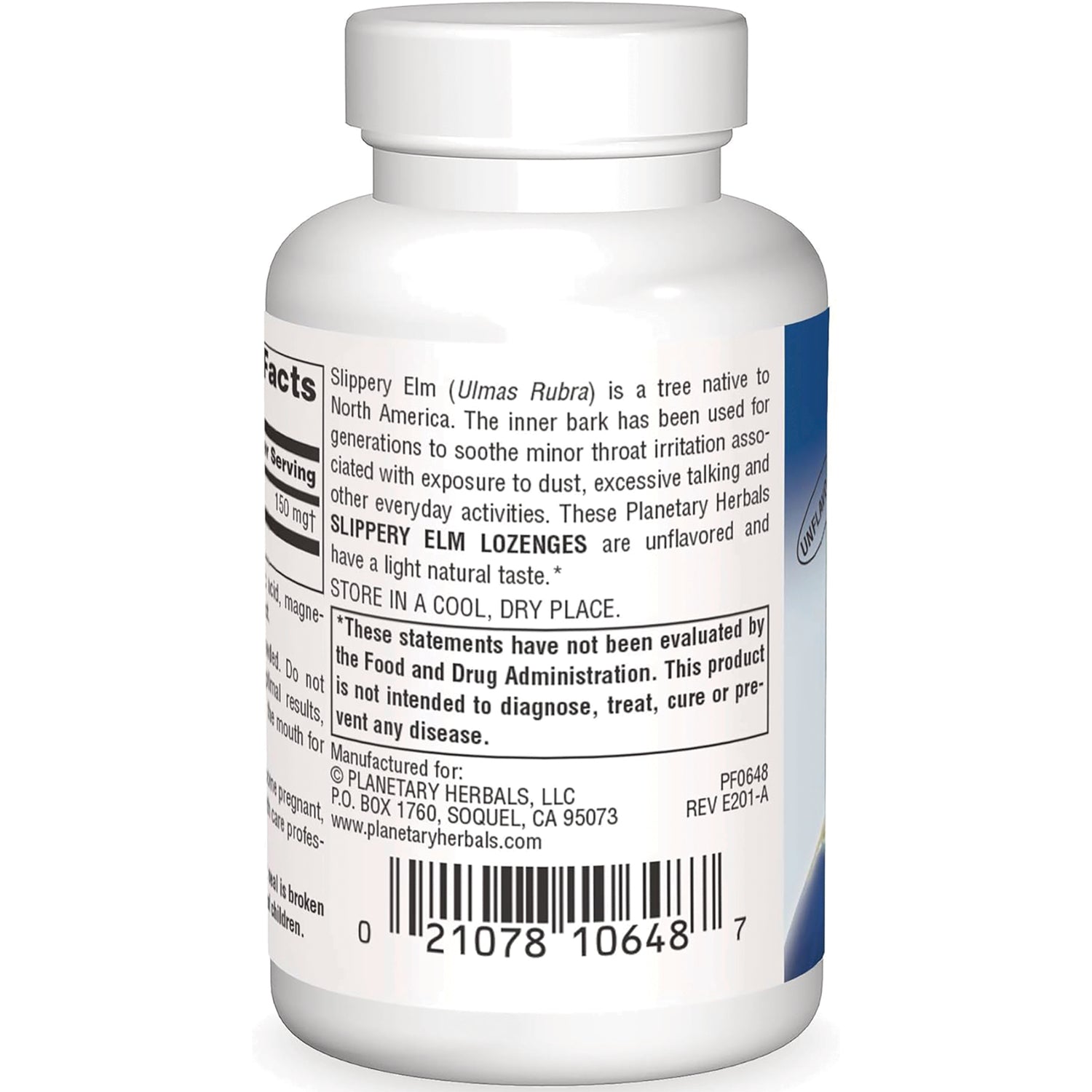 PF132 | Back label of white supplement bottle showing ingredient text, FDA disclaimer and barcode