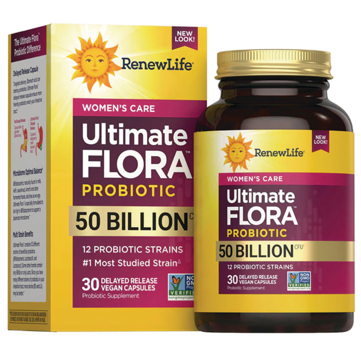 RNL234 | RenewLife Ultimate Flora probiotic 50 billion CFU women's care box and bottle, 30 delayed-release vegan capsules
