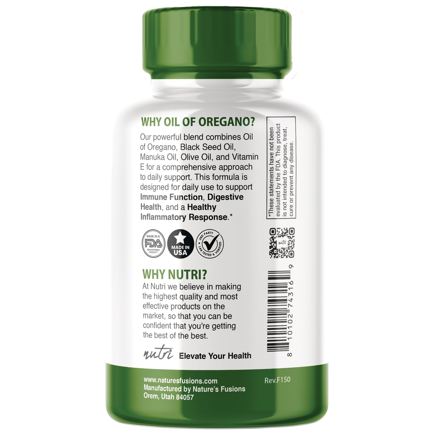 NFU017 | Back of white and green supplement bottle showing Why Nutri text, icons and barcode