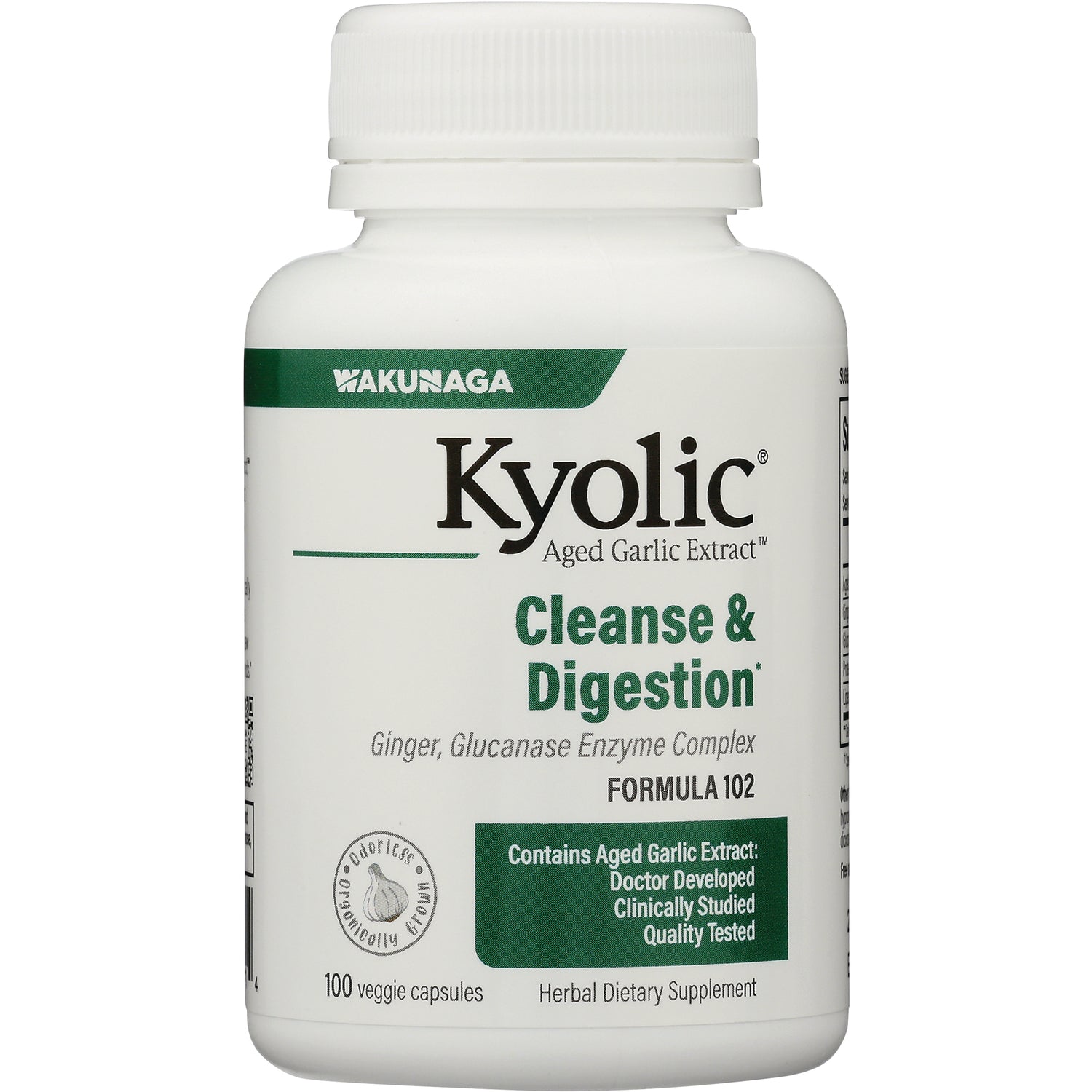KY100 | Kyolic Cleanse & Digestion aged garlic extract bottle, white, 100 veggie capsules label