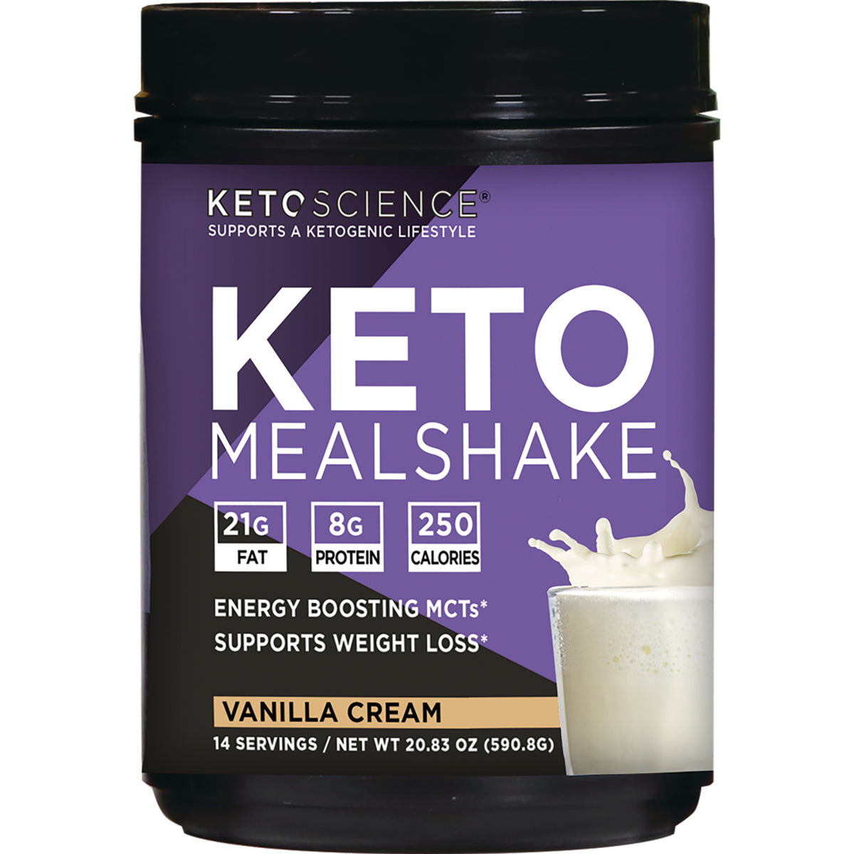 KS003 | Purple Keto Mealshake vanilla cream tub front label showing 21g fat, 8g protein, 250 calories