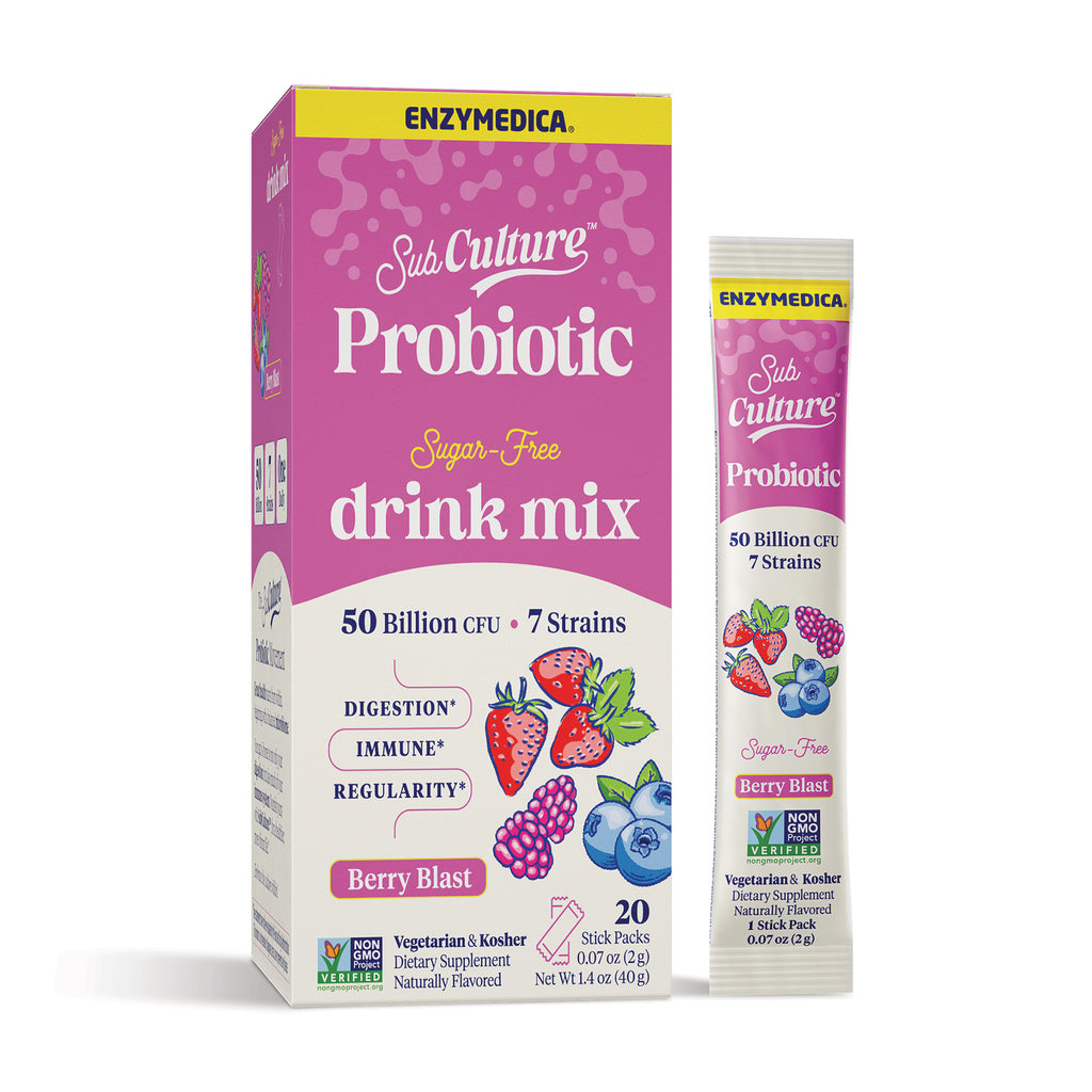 EMD106 | Enzymedica SubCulture Probiotic Drink Mix box and single serving stick pack, pink label, berry blast flavor, 20 stick packs - Thumbnail