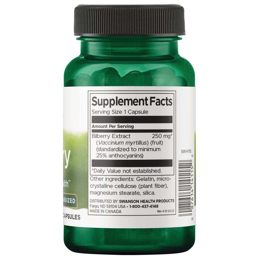 SWH115 | Supplement Facts panel for bilberry extract 250 mg capsules on back label - Thumbnail