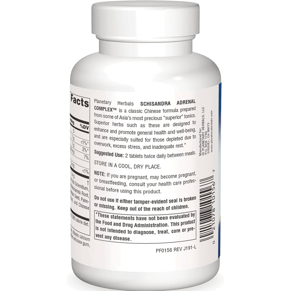 PF075 | Back label of white supplement bottle showing supplement facts, suggested use, warnings, and barcode