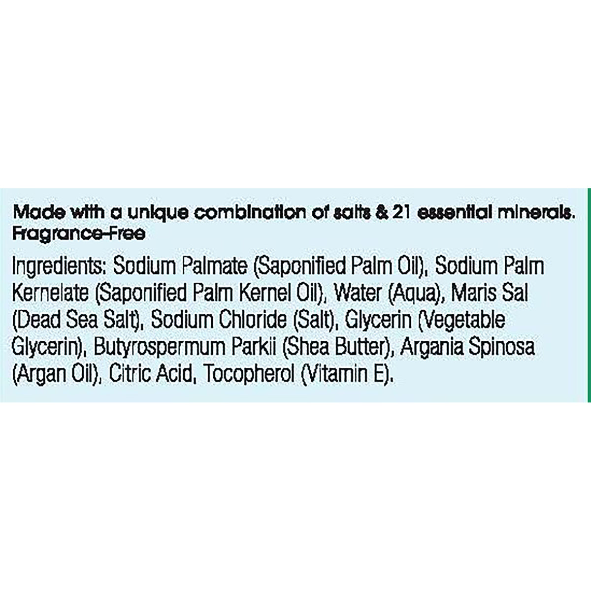OWN001 | Back label listing ingredients: saponified palm and palm kernel oils, vegetable glycerin, shea butter, Dead Sea salt, citric acid, salt, Vitamin E and note No animal testing