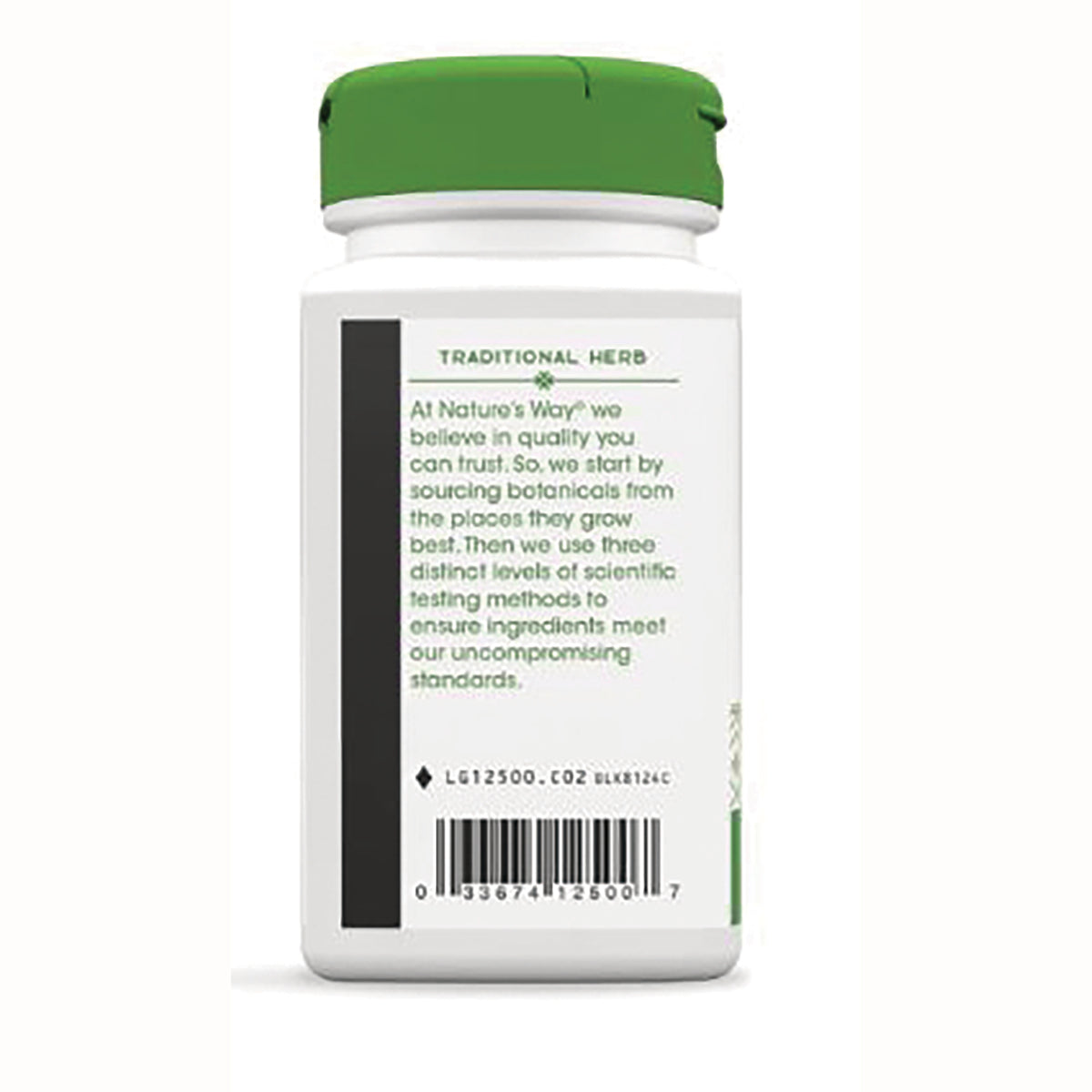NW133 | back of white supplement bottle with green cap showing ingredient text and barcode