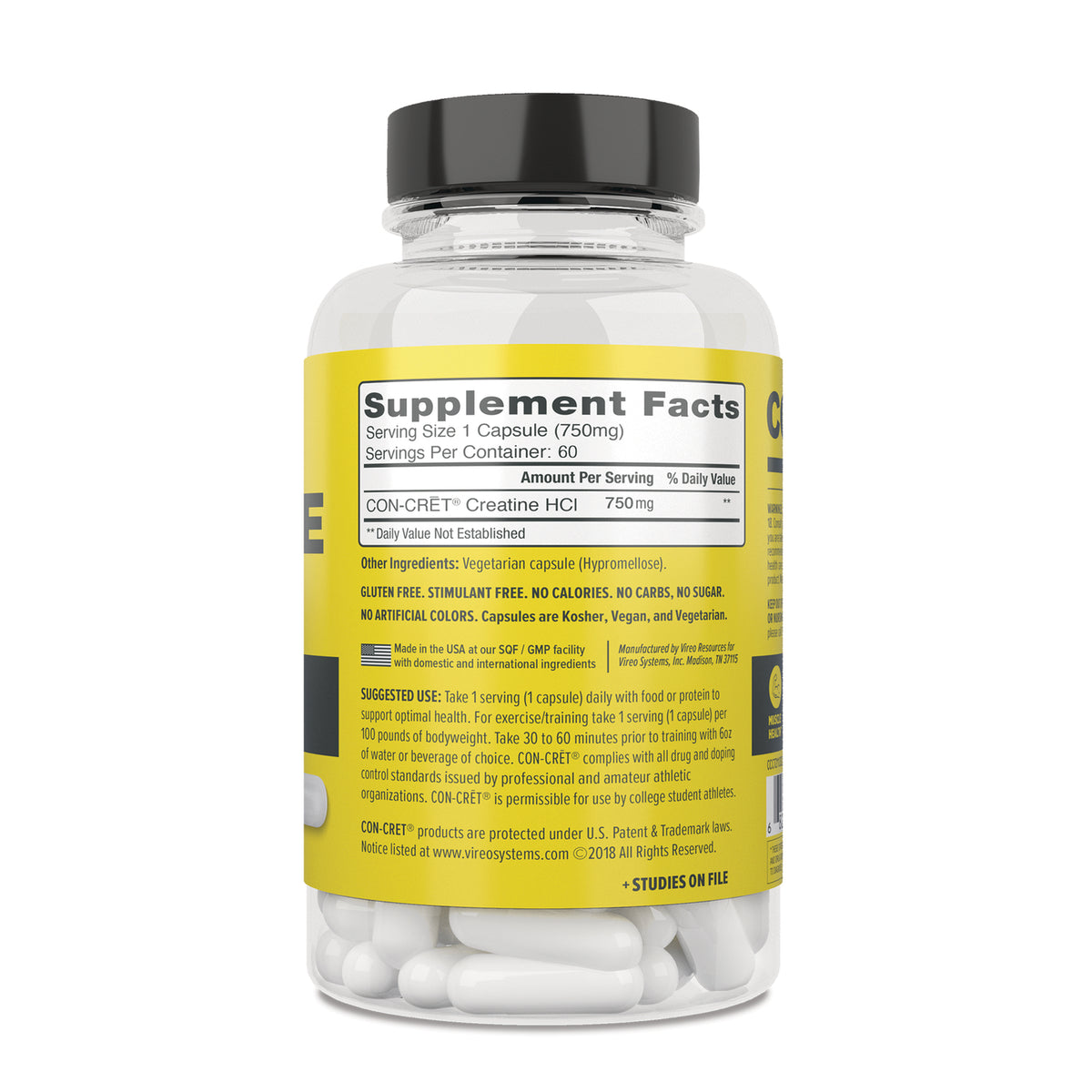 CNC006 | Back label of CON-CRET Creatine HCl capsule bottle with Supplement Facts and suggested use