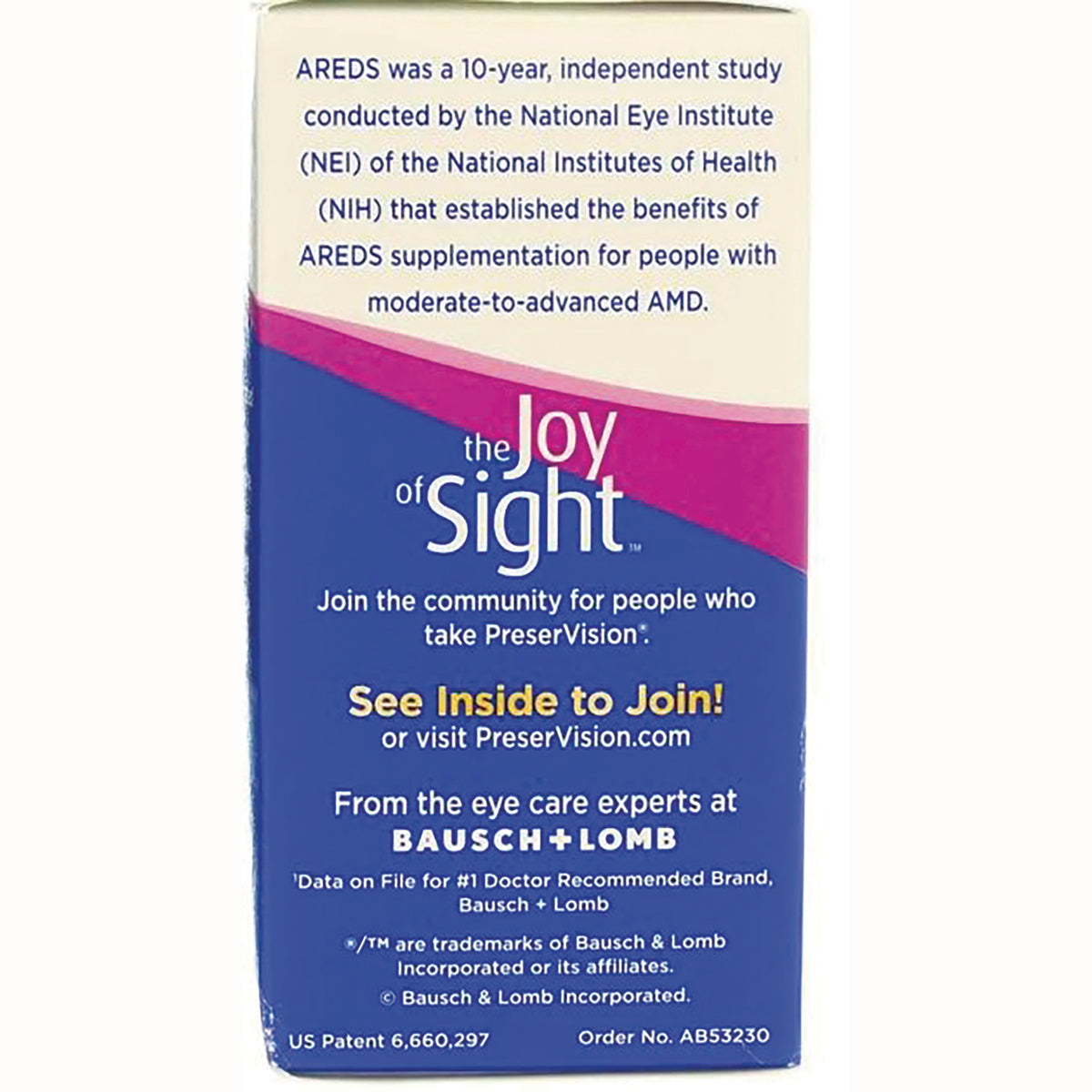 BNL020 | Back of blue PreserVision box showing the Joy of Sight text, BAUSCH + LOMB branding and join information