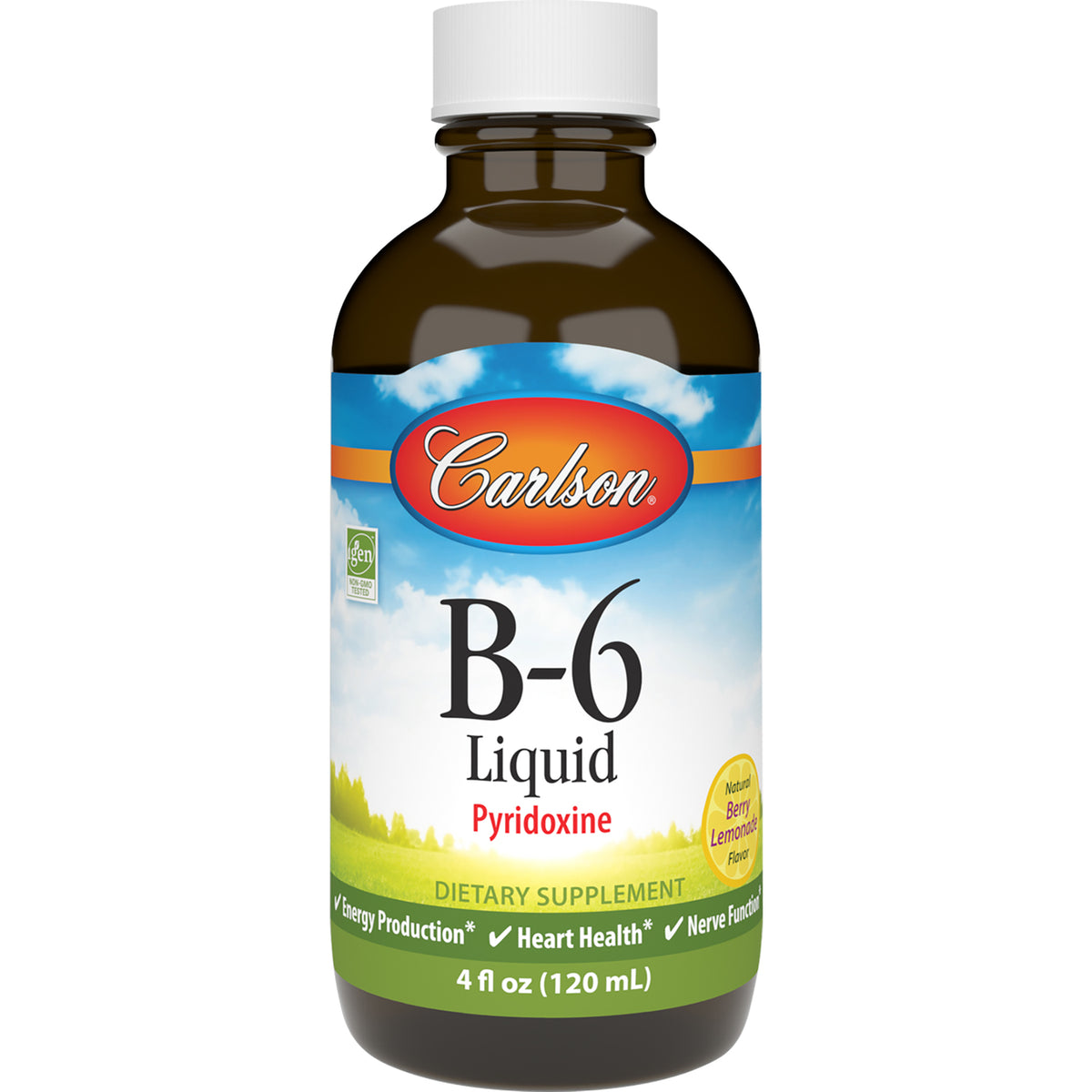 CSN078 | Carlson B-6 Liquid Pyridoxine dietary supplement bottle, 4 fl oz berry lemonade flavor