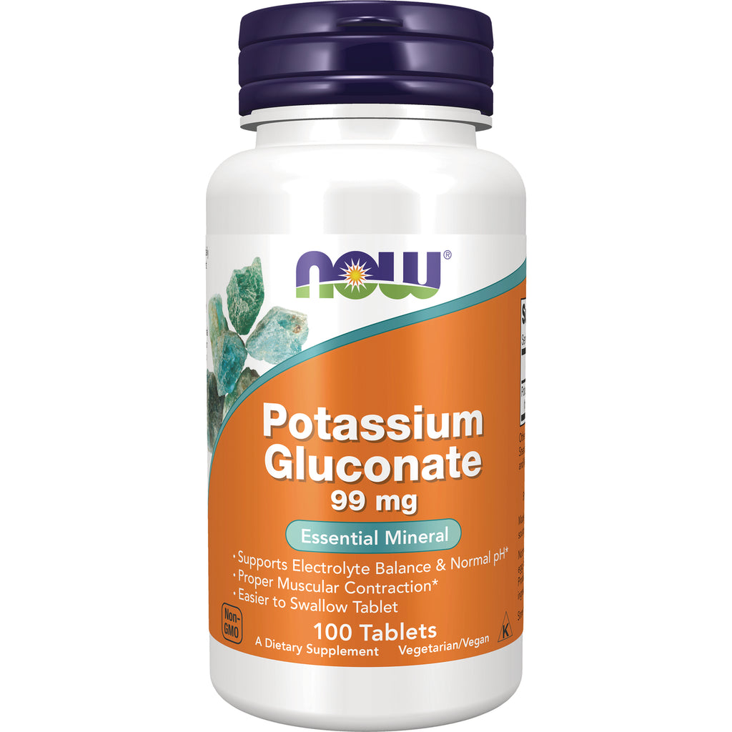 NWF698 | NOW Potassium Gluconate 99 mg white bottle with orange label, 100 tablets - Thumbnail