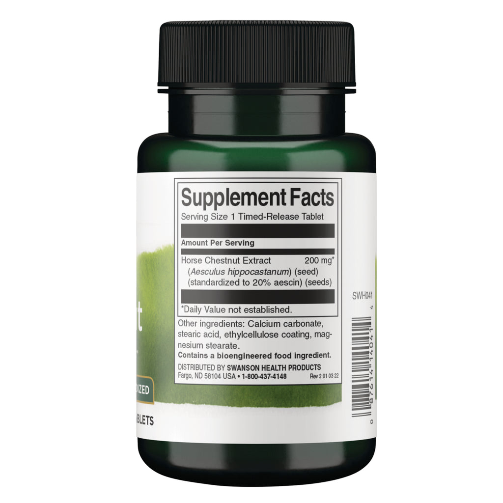 SWH041 | Back label with Supplement Facts for Horse Chestnut Extract 200 mg, serving size 1 timed-release tablet - Thumbnail