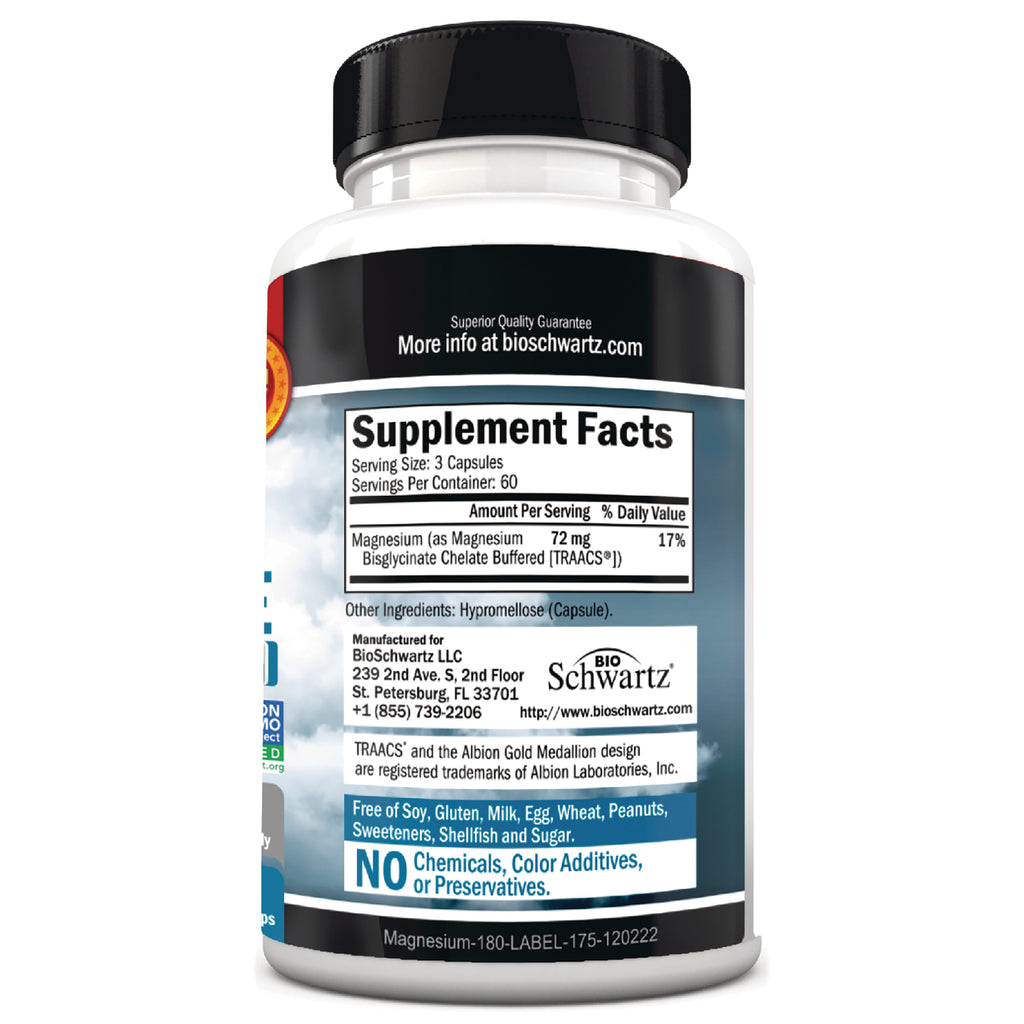 BSZ027 | Back label of supplement bottle with directions to take 3 capsules, caution/warnings, support@bioschwartz.com - Thumbnail