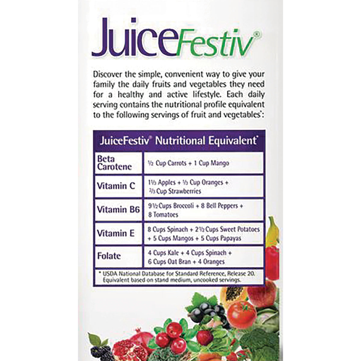 NA395 | JuiceFestiv back label showing nutritional equivalent table and fruit illustrations