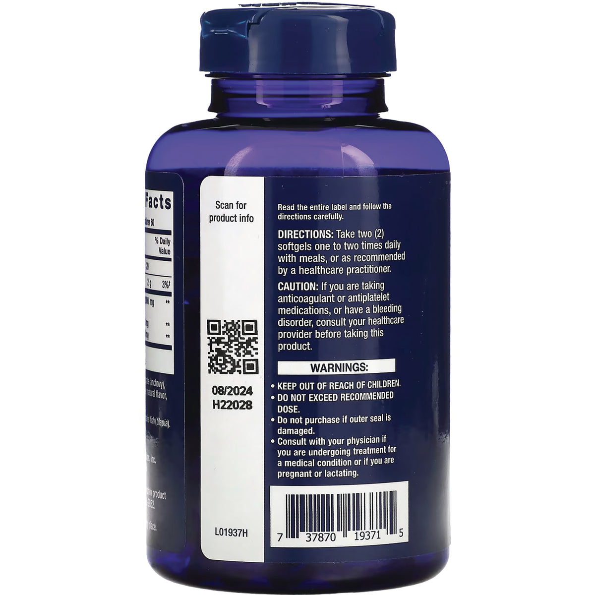 LE388 | Back label of blue supplement bottle showing directions, warnings, QR code, barcode, and lot 08/2024 H22028