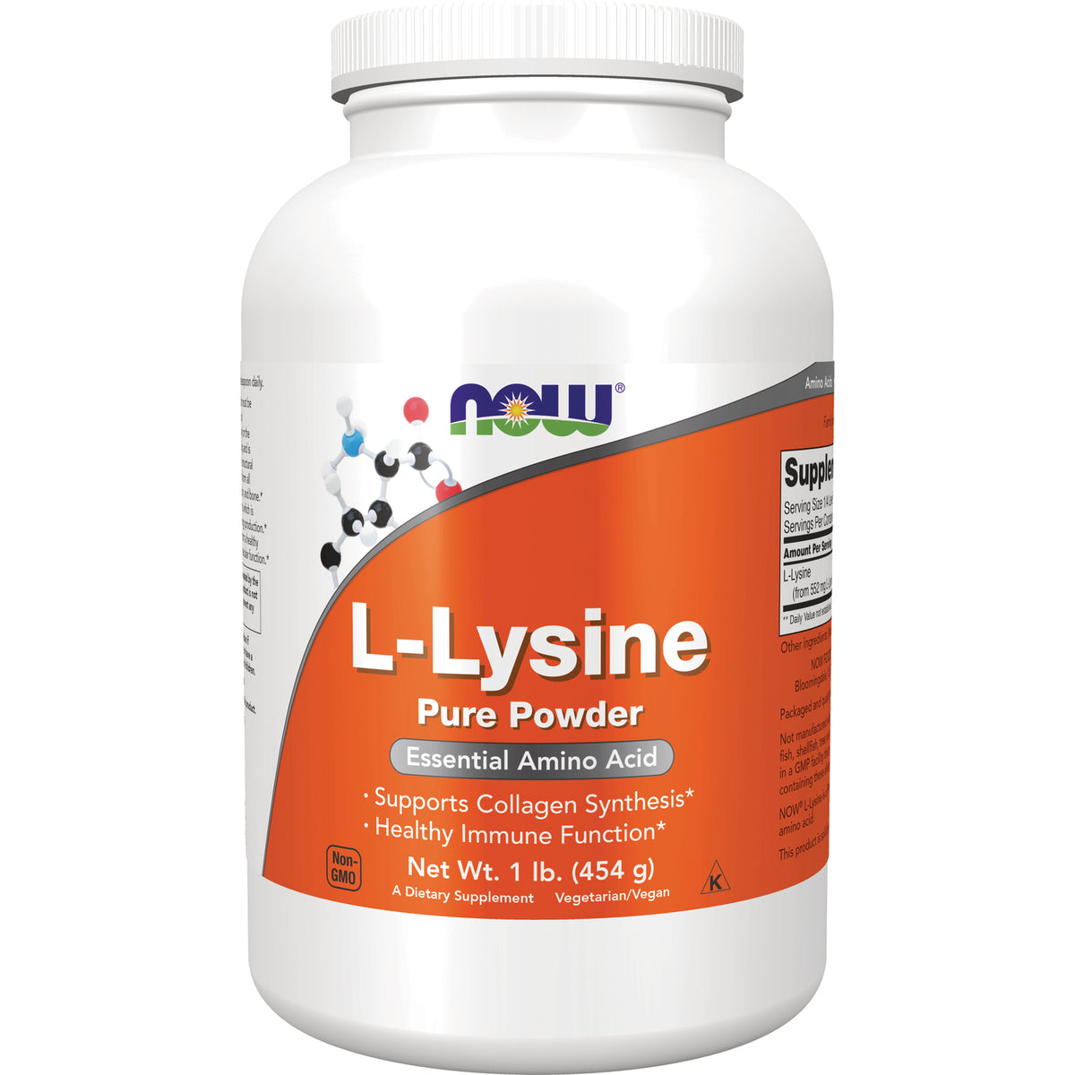 NWF252 | NOW L-Lysine pure powder supplement jar with orange label, 1 lb (454 g)