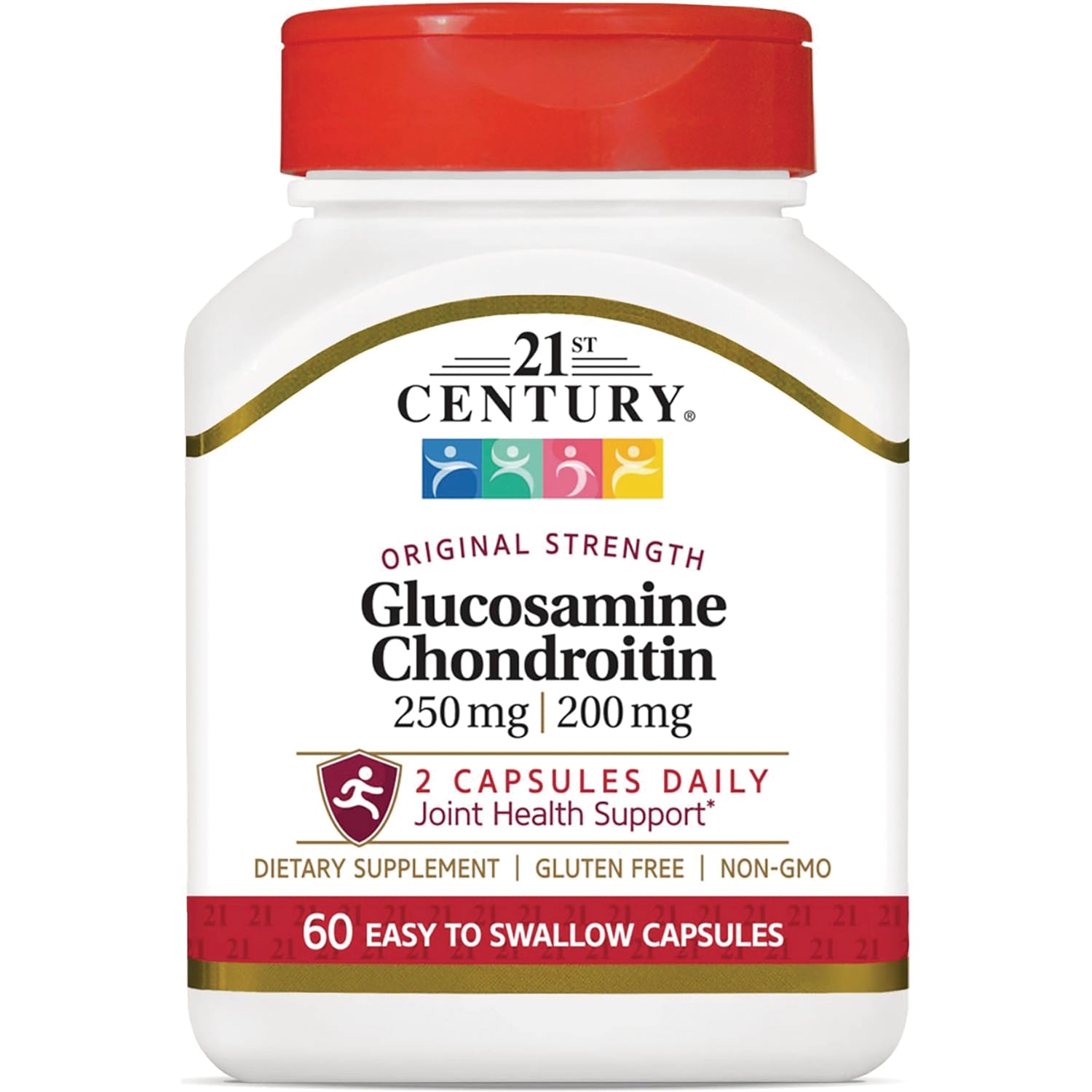 CNT060 | White bottle with red cap, 21st Century Glucosamine Chondroitin 250 mg | 200 mg, 60 easy to swallow capsules