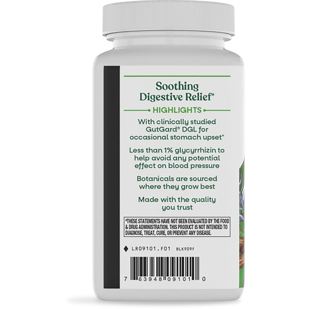 ET360 | back label infographic for digestive relief supplement showing chocolate flavored text, ingredient blurb and barcode - Thumbnail