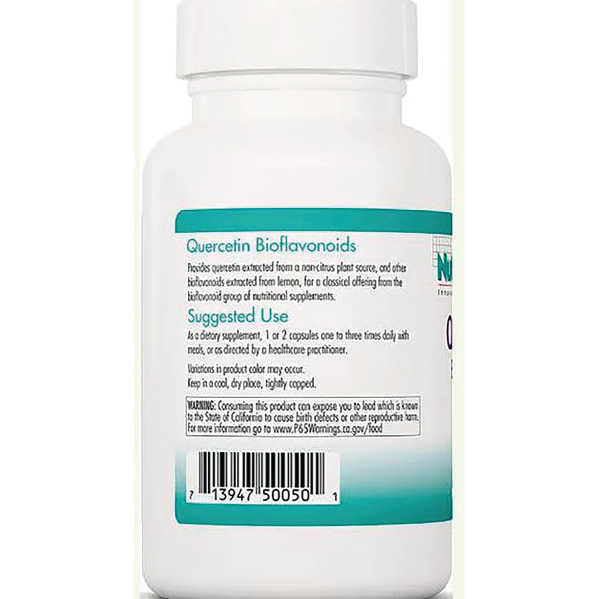 NCL062 | Back of white supplement bottle labeled Quercetin Bioflavonoids with suggested use text and barcode