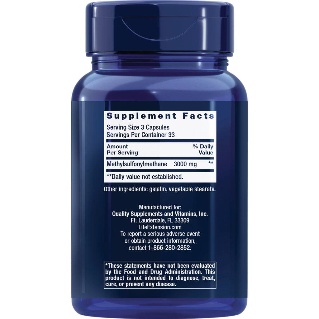LE158 | back of blue supplement bottle showing Supplement Facts panel listing Methylsulfonylmethane 3000 mg and manufacturer contact - Thumbnail