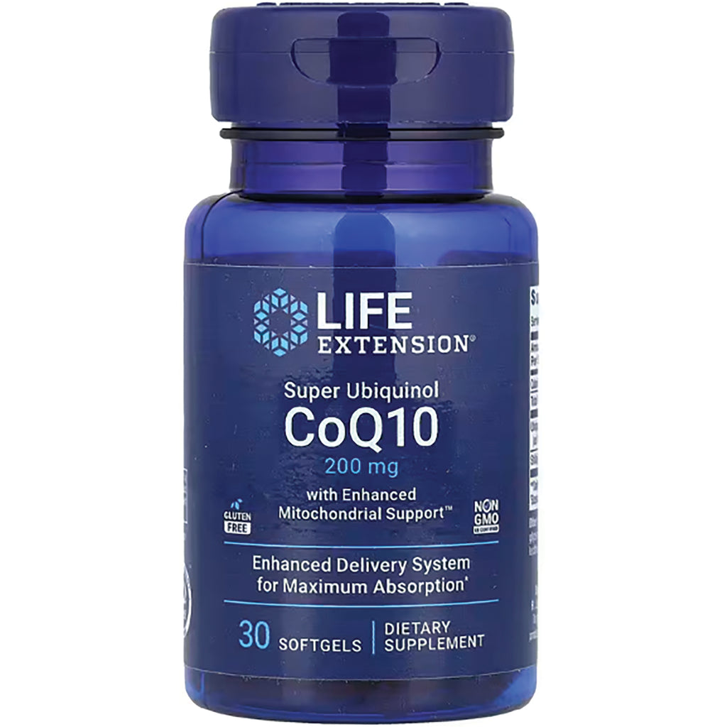 LE113 | Life Extension Super Ubiquinol CoQ10 200 mg bottle showing label and 30 softgels - Thumbnail