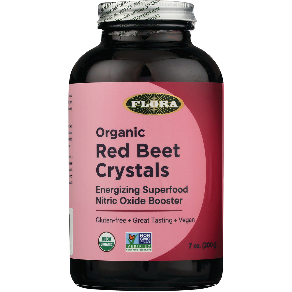 Flora organic Red Beet Crystals supplement bottle with pink label reading Organic Red Beet Crystals, 7 oz (200 g) - Thumbnail