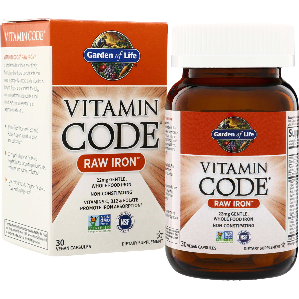 GLF103 | Garden of Life Vitamin Code Raw Iron dietary supplement, 30 vegan capsules