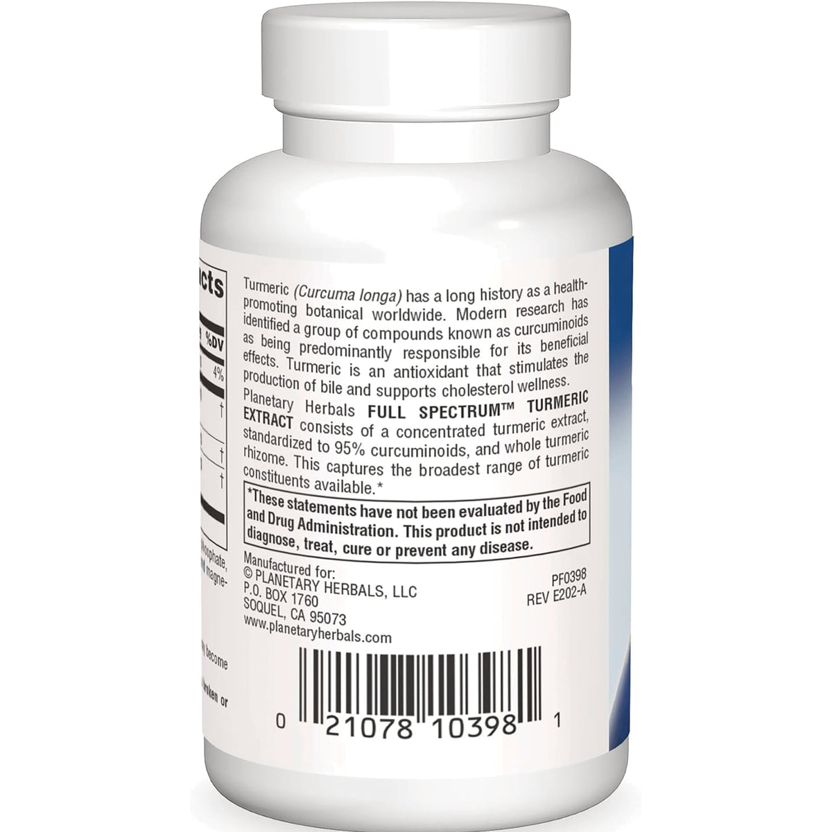 PF175 | Back of white supplement bottle showing turmeric extract description, warning box, manufacturer info and barcode