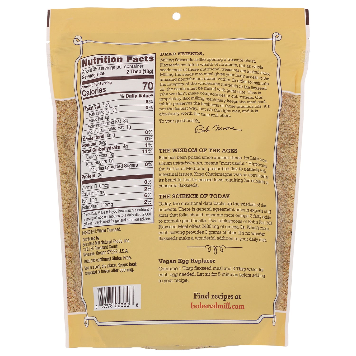 BOB260 | Back of yellow package showing Nutrition Facts, ingredients, vegan egg replacer instructions and barcode