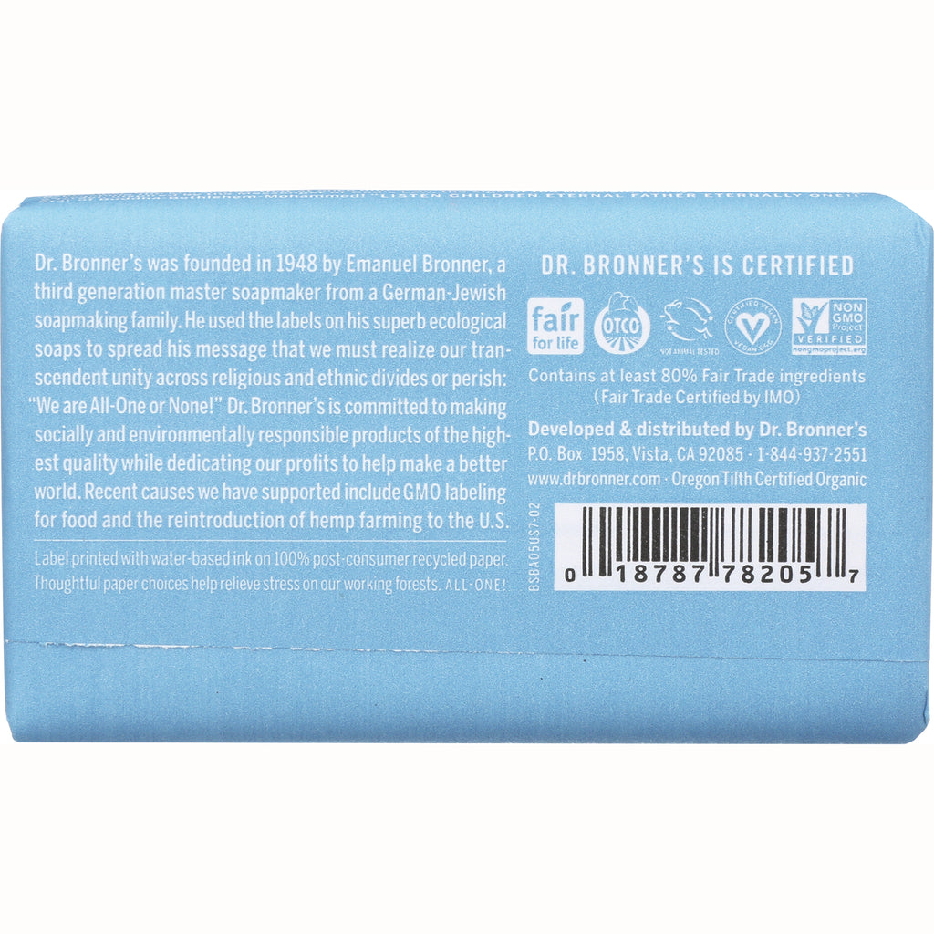 DRB018 | back of light blue Dr. Bronner's soap box showing company history, certification icons and barcode - Thumbnail