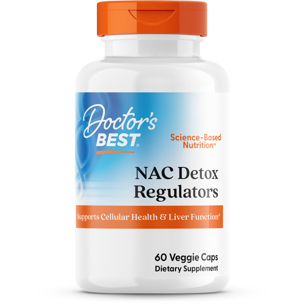 Doctor's Best NAC Detox Regulators bottle with orange cap labeled 60 Veggie Caps, dietary supplement - Thumbnail