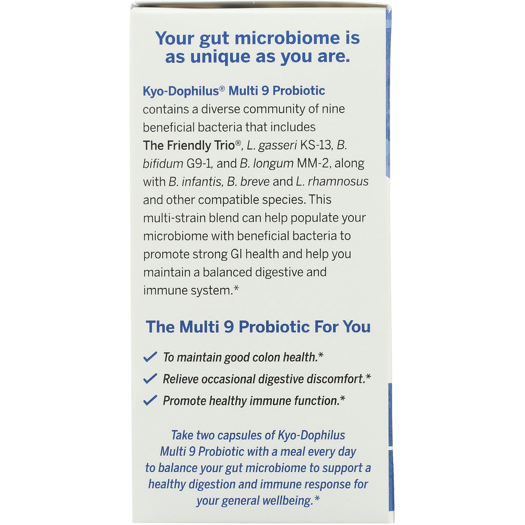 KY072 | Back of probiotic box showing microbiome description, benefits checklist, and dosing instructions - Thumbnail