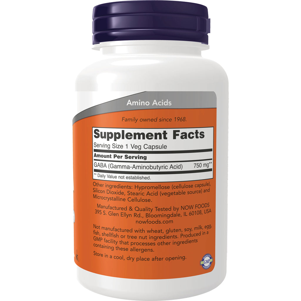NWF307 | supplement facts panel and ingredient list showing GABA 750 mg on orange-labeled bottle back - Thumbnail