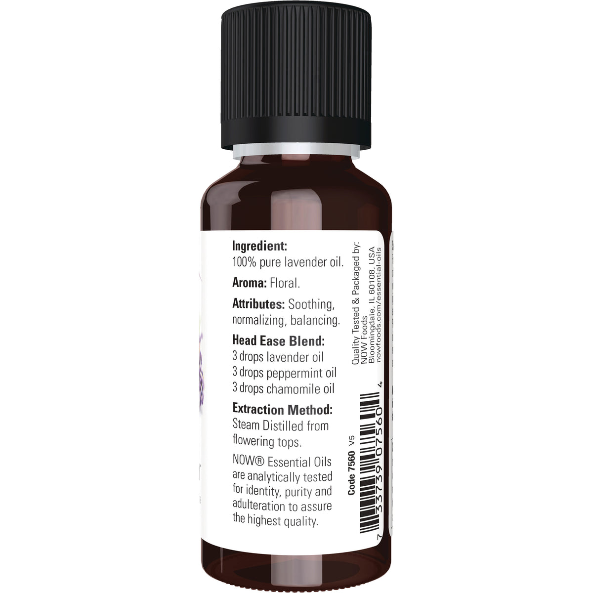 NWF057 | Back of amber essential oil bottle label showing 100% pure lavender oil, usage blend and barcode