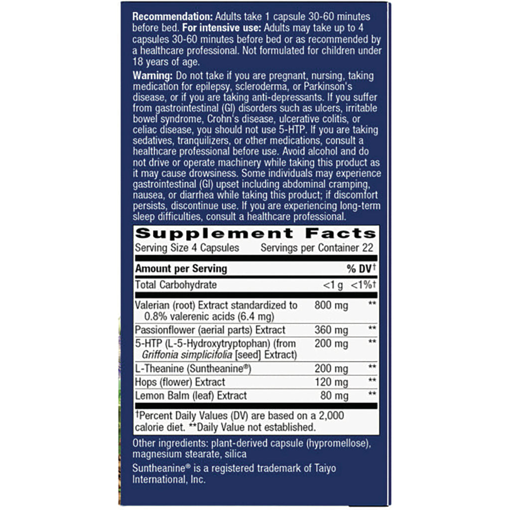 ET382 | Supplement Facts and warning panel listing valerian 800 mg, passionflower 360 mg, 5-HTP 200 mg, L-theanine 200 mg - Thumbnail