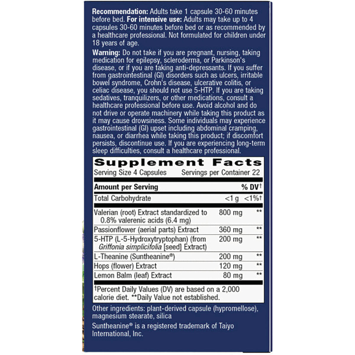 ET382 | Supplement Facts and warning panel listing valerian 800 mg, passionflower 360 mg, 5-HTP 200 mg, L-theanine 200 mg