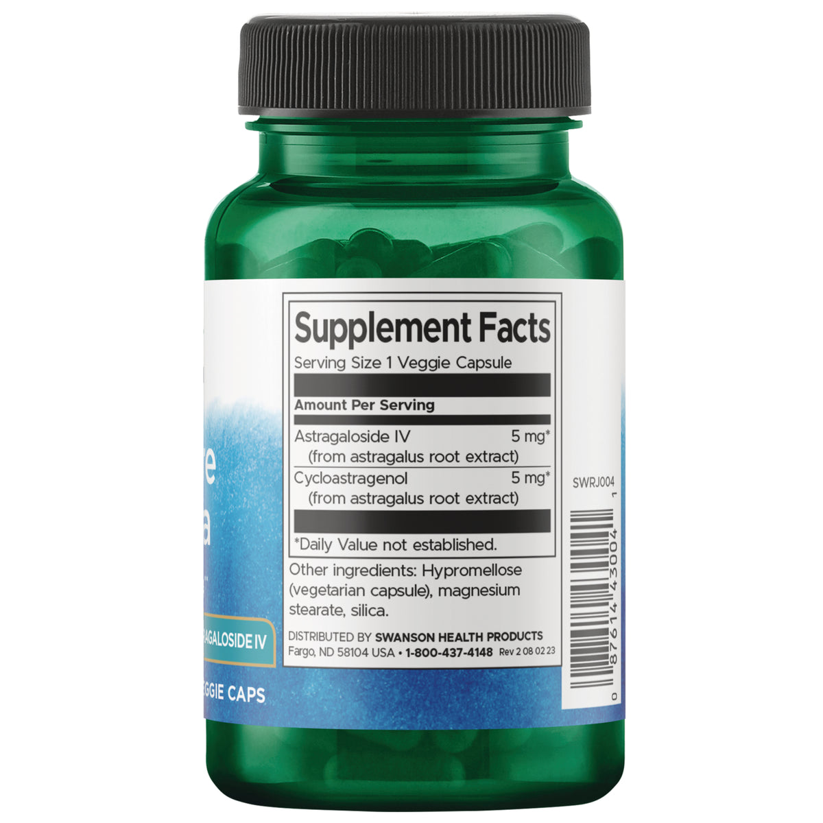 SWRJ004 | Back of green supplement bottle with Supplement Facts panel listing Astragaloside IV 5 mg and Cycloastragenol 5 mg