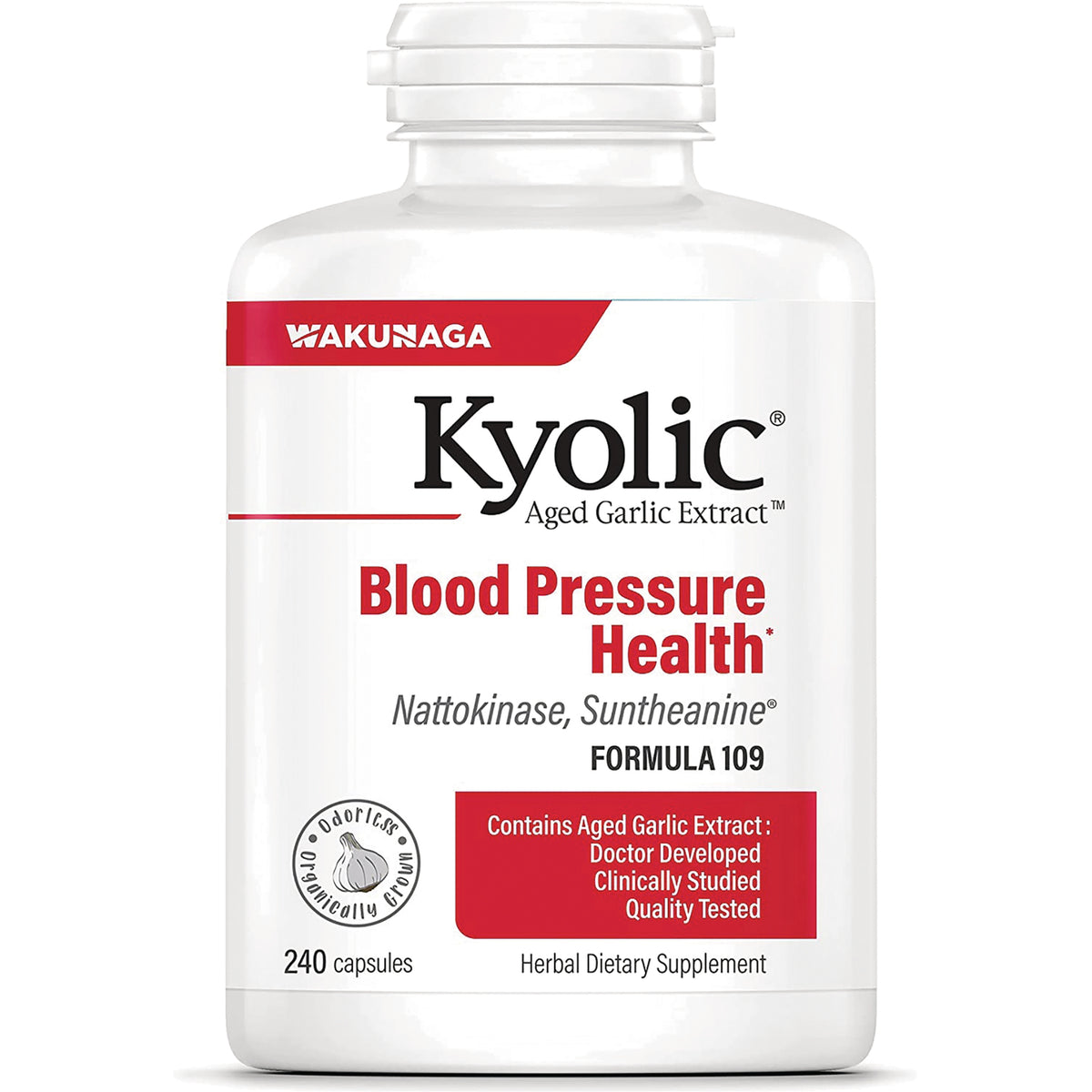 KY140 | Kyolic Blood Pressure Health white supplement bottle labeled 240 capsules and aged garlic extract