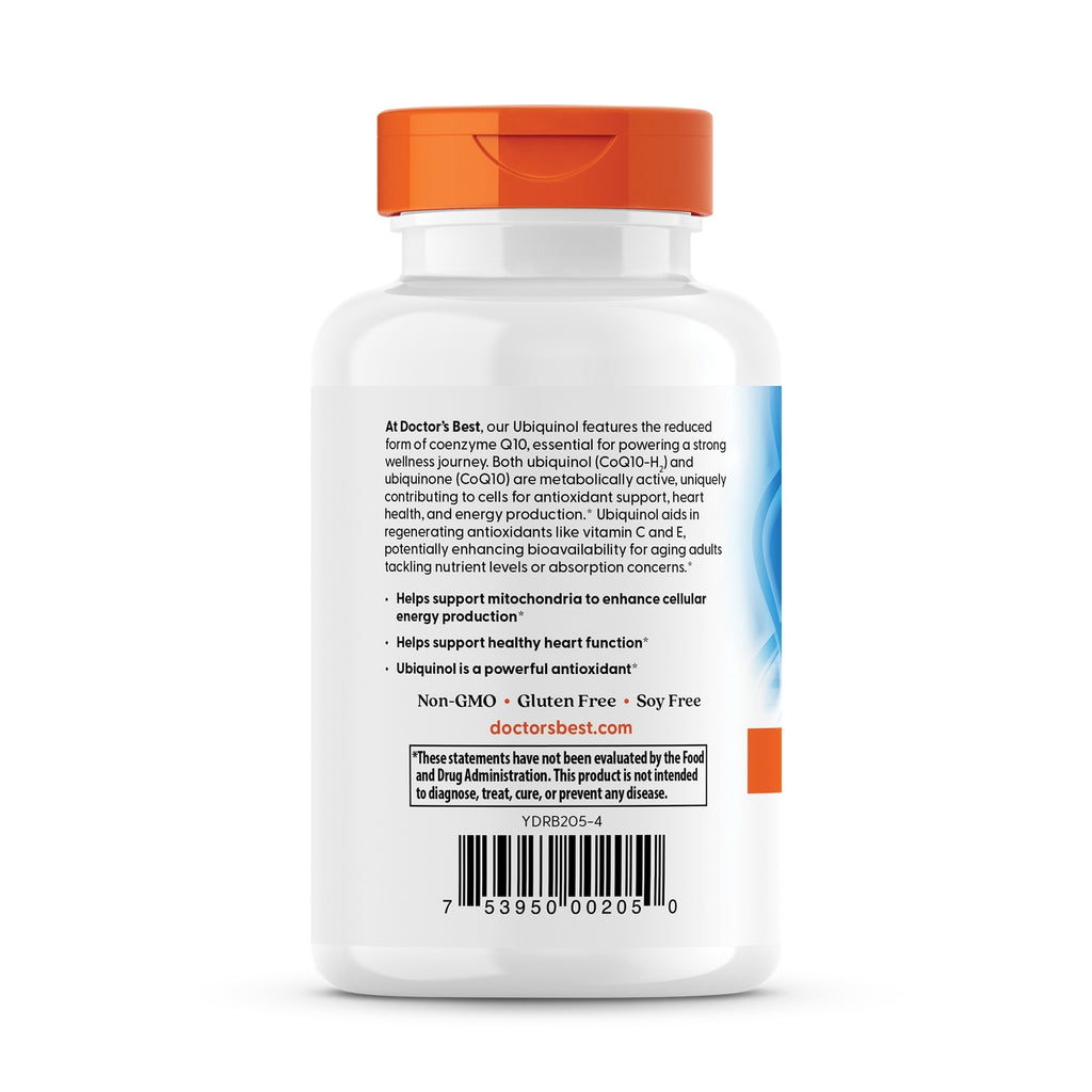 DB101 | Back label of white supplement bottle showing product text about ubiquinol, claims and barcode - Thumbnail