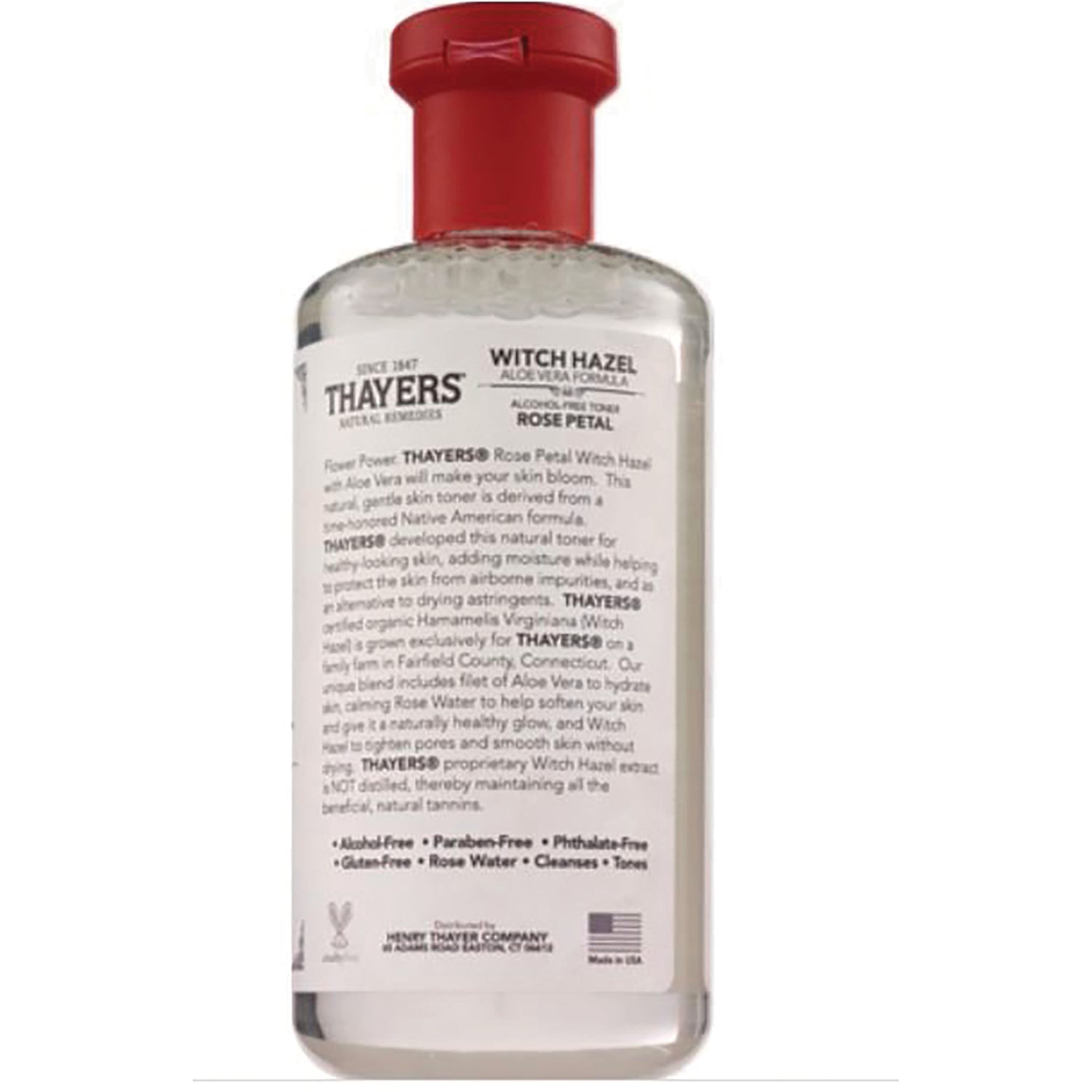 THA017 | Back of Thayers Witch Hazel Aloe Vera Formula Rose Petal toner bottle, alcohol-free label