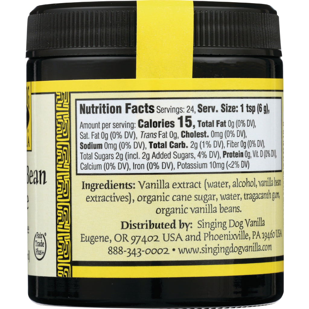 Nutrition facts panel and ingredients list for vanilla extract jar showing Calories 15 and Ingredients: Vanilla extract, organic cane sugar - Thumbnail
