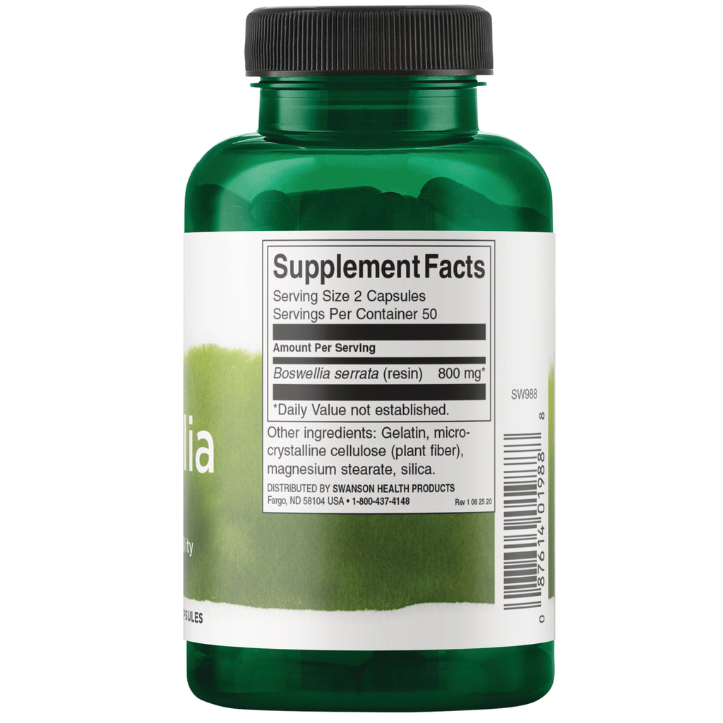SW988 | Back label with Supplement Facts for Boswellia serrata (resin) 800 mg, serving size 2 capsules - Thumbnail
